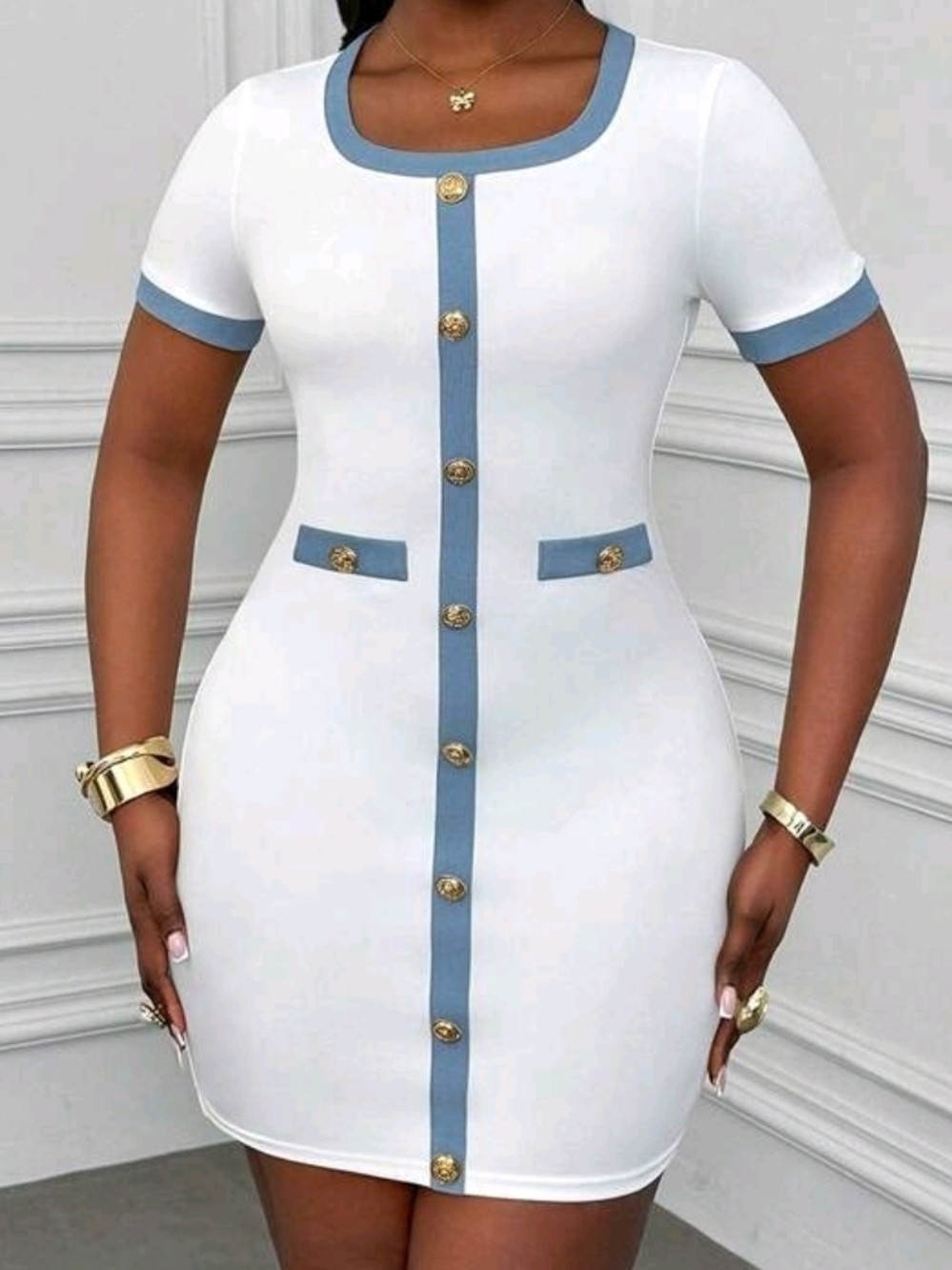Chic White & Blue Trim Short Sleeve Bodycon Dress